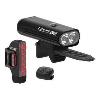 Zestaw lampki LEZYNE CONNECT DRIVE PRO 1000XL / STRIP CONNECT przód 1000 lumenów, tył 150 lumenów, bezprzewodowe przyciski na kierownicę wł/wył, usb czarne (NEW)