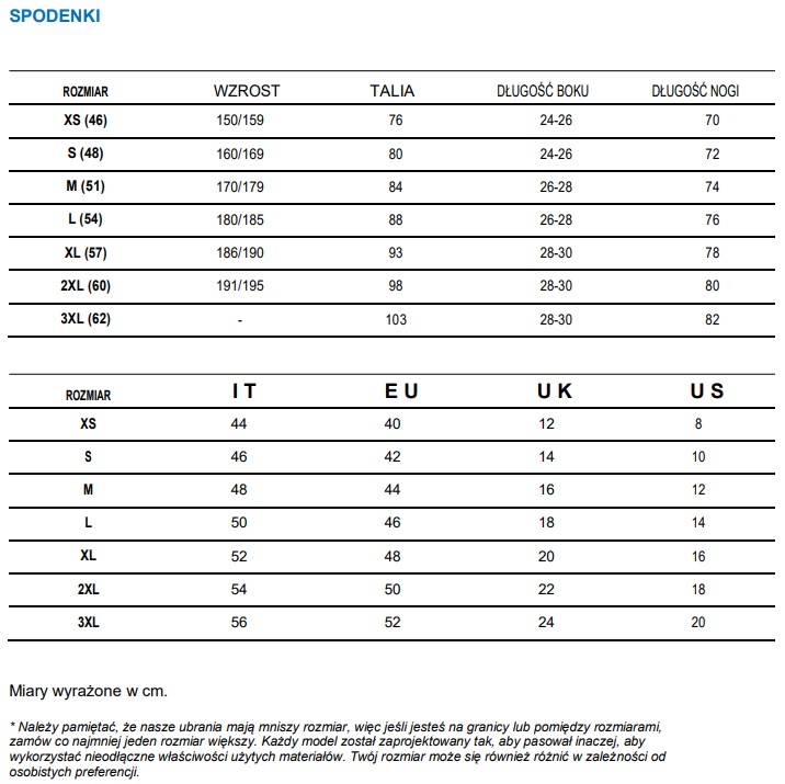 Hiru - spodenki - tabela rozmiarów
